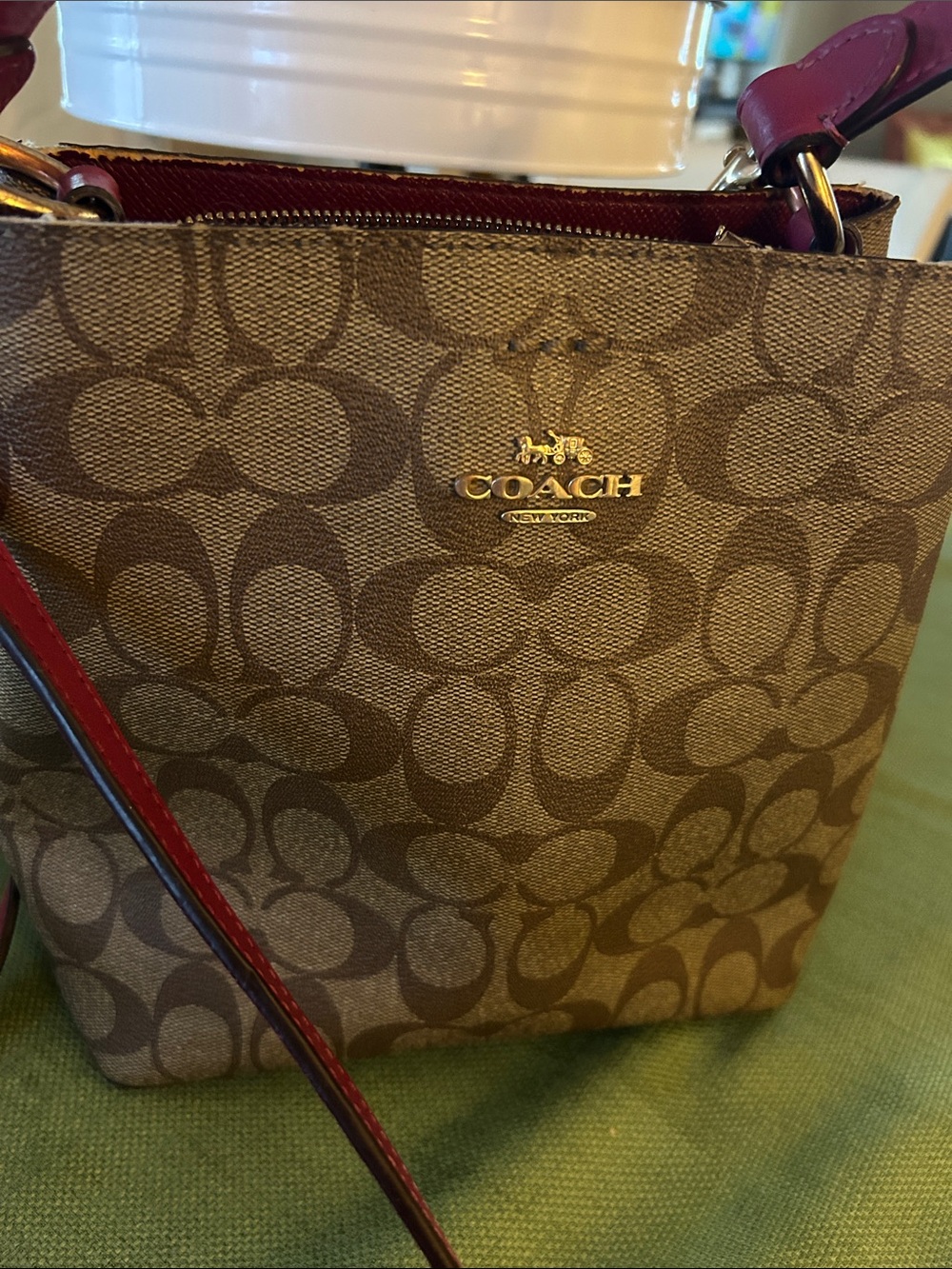 Coach Brown Signature Crossbody with Pink Trim